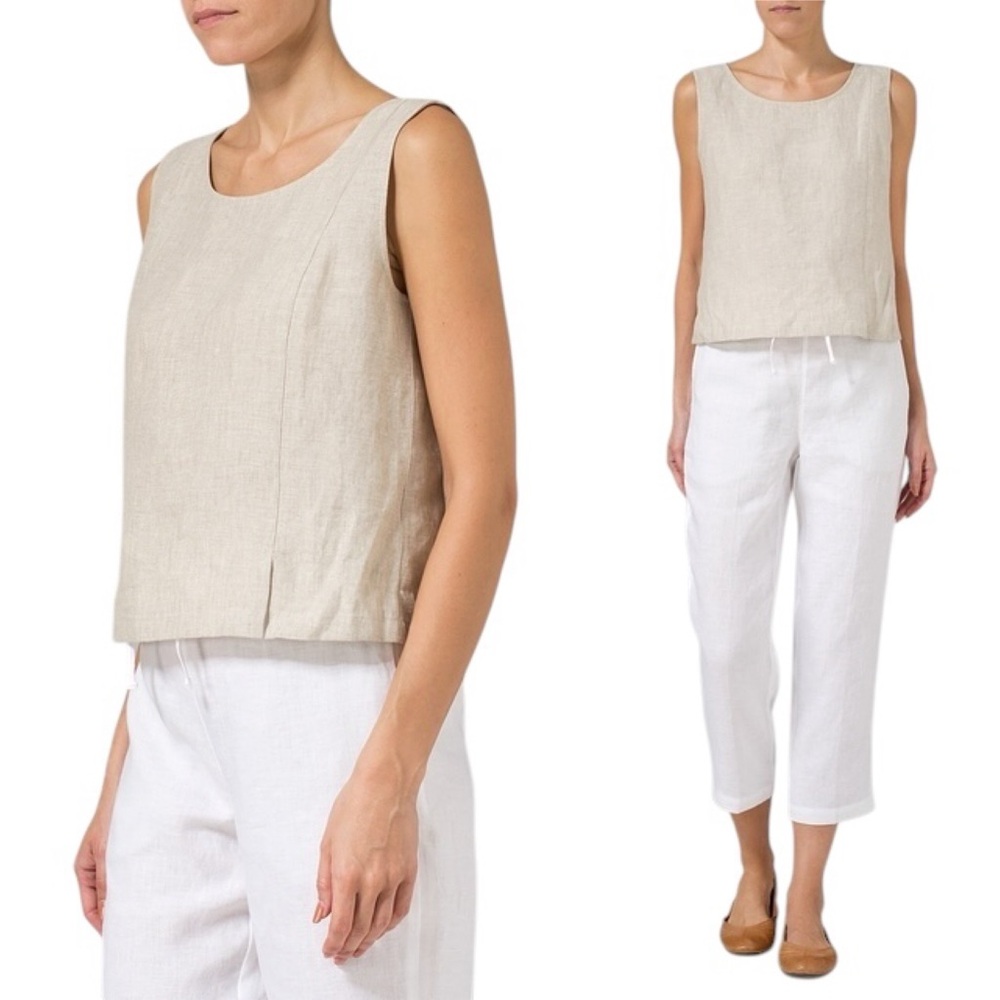 Vivid 100% Linen Sleeveless Short Tank Oatmeal Oat Slit NWOT M